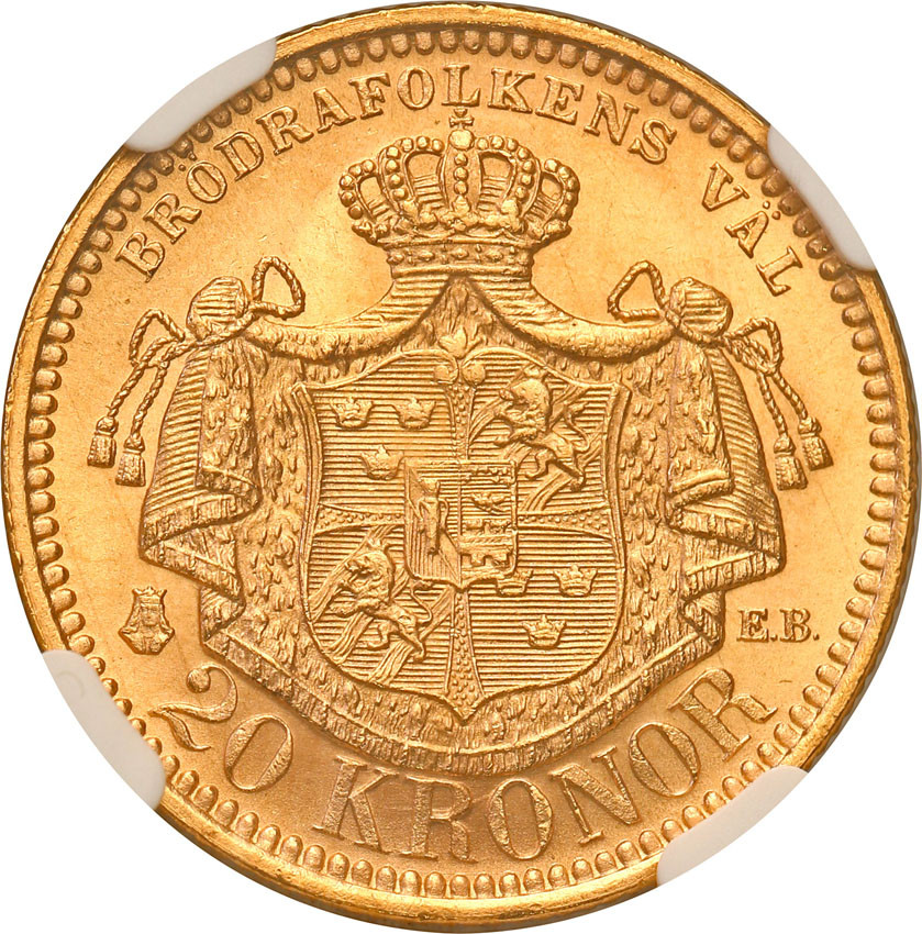 Szwecja. Oskar II. 20 koron 1889 Sztokholm NGC MS64